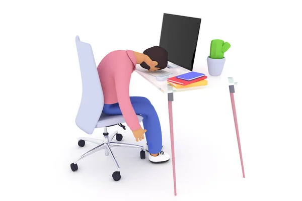 Επαγγελματική και freelanse burnout, εργασία στο σπίτι και εξαντλημένος άνθρωπος. Πρόβλημα ψυχικής υγείας και απεικόνιση της έννοιας της αναβολής. 3d καθιστούν απεικόνιση — Φωτογραφία Αρχείου