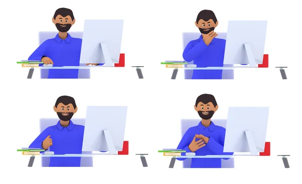 Симпатичный бородатый мужчина сидит, улыбается, злится, счастлив за столом с компьютером. Фрилансер, офисный работник, менеджер, находится в рабочем процессе. Трехмерная иллюстрация на белом фоне — стоковое фото