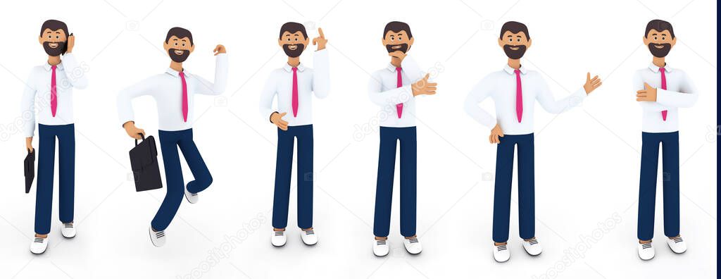 Set of businessman  is standing, talking phone, jumping, having idea, thinking, smiling. Man emotions in working process, different actions and activities, business concept. 3d render illustration