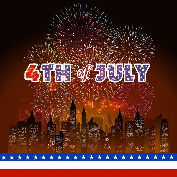 Boldog július 4 függetlenség napja-tűzijáték háttérrel — Stock Vector