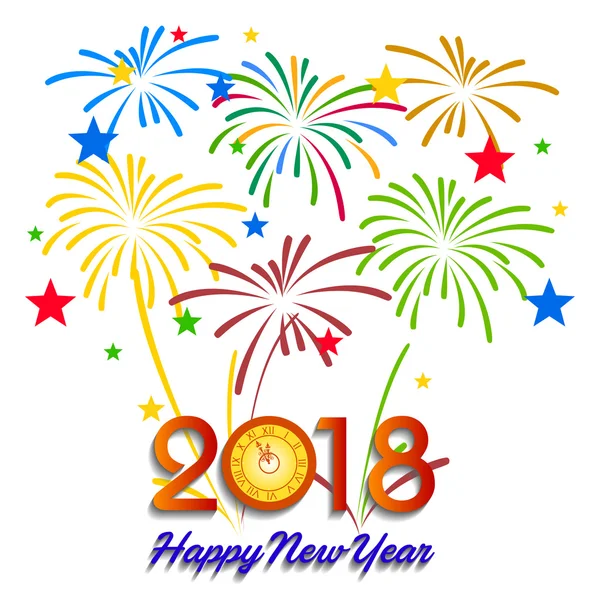 Ilustración vectorial de fuegos artificiales de colores. Tema Feliz año nuevo 2018 — Archivo Imágenes Vectoriales