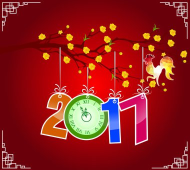 Mutlu Çin yeni yılı 2017 firecock ve Erik çiçeği ile horoz - ay- 