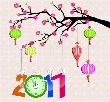 Mutlu Çin yeni yılı 2017 firecock ve Erik çiçeği ile horoz - ay- 