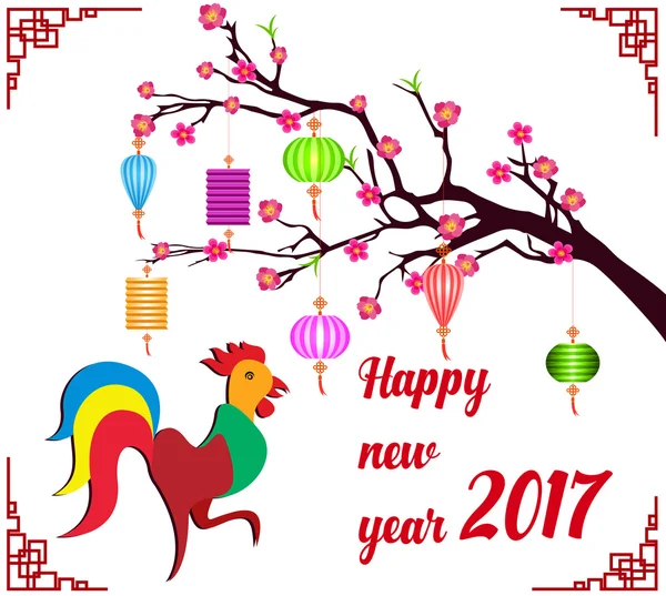 中国农历新年快乐 2017年-月球-用 firecock 和梅花盛开的那只公鸡 — 图库矢量图片