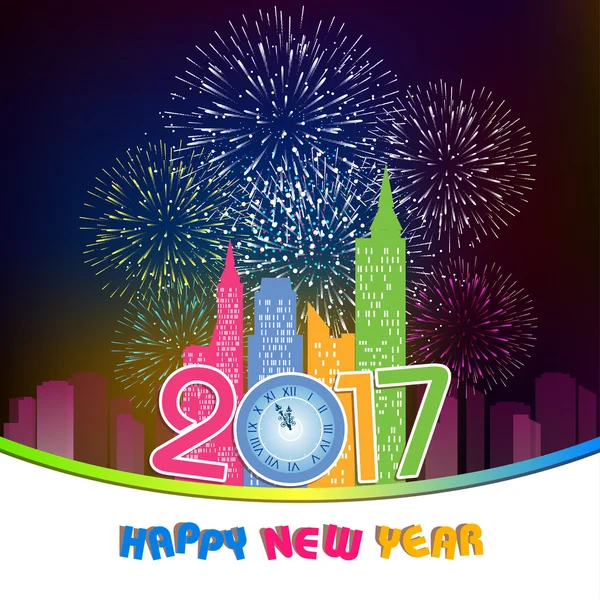 Feuerwerk zum guten neuen Jahr 2017 über der Stadt mit Uhr — Stockvektor
