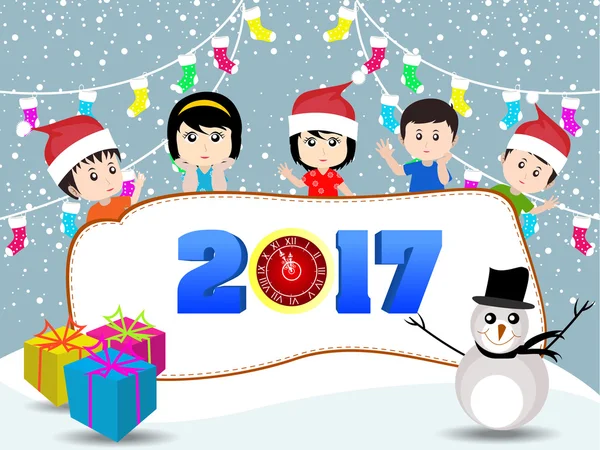 God jul och gott nytt år 2017 med roliga barn — Stock vektor