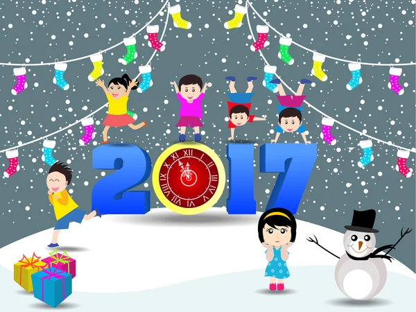 Merry christmas and Happy new year 2017 with funny kids — Stock Vector