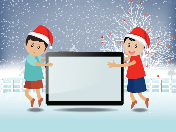Veselé Vánoce s šťastné děti a tablet — Stockový vektor