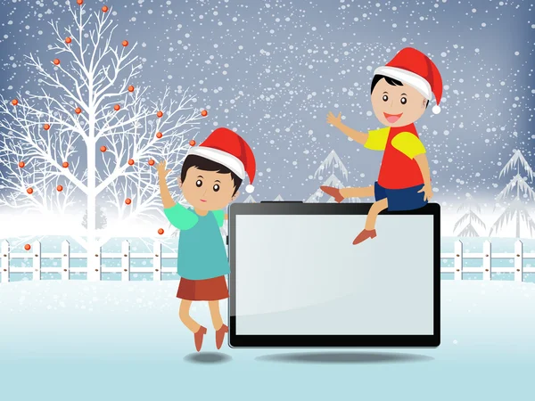 Buon Natale con bambini felici e tablet — Vettoriale Stock