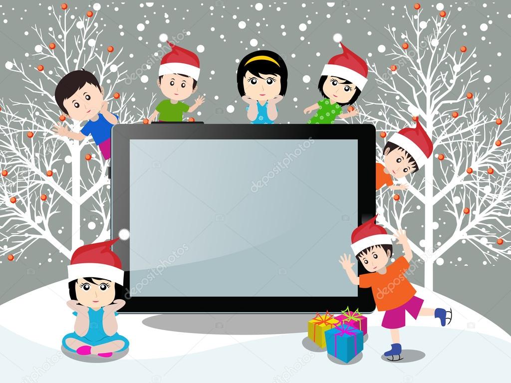 Merry christmas with happy kids and tablet