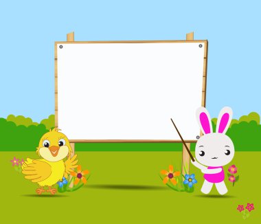 Mutlu Paskalya kartı ile yumurta ve tavşan ahşap tahta yakın