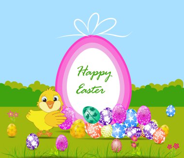 Happy Easter card with eggs and chick clipart