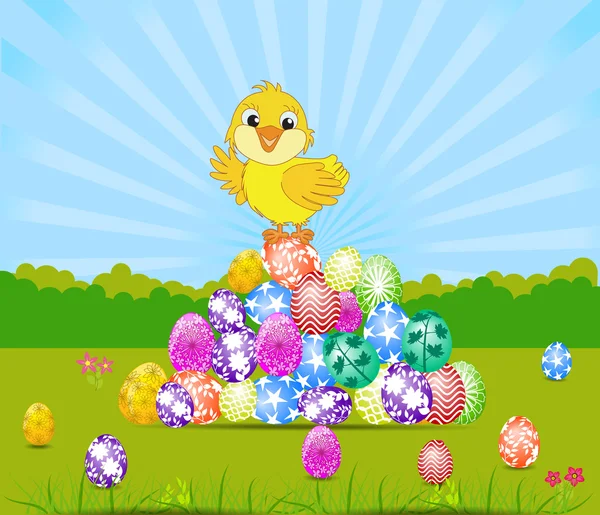 Feliz tarjeta de Pascua con huevos y polluelo — Archivo Imágenes Vectoriales