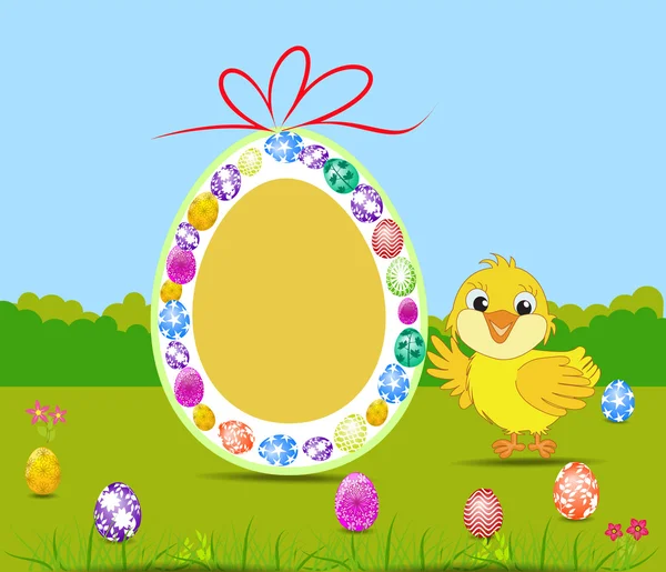 Gelukkig Paaskaart met eieren en chick — Stockvector