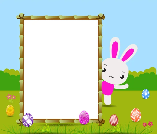 Happy Easter card with eggs and rabbits nearby wood board — Stock Vector