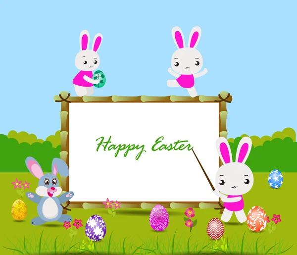 Happy Easter card with eggs and rabbits nearby wood board — Stock Vector