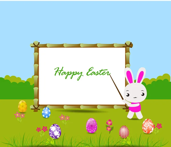 Happy Easter card with eggs and rabbits nearby wood board — Stock Vector