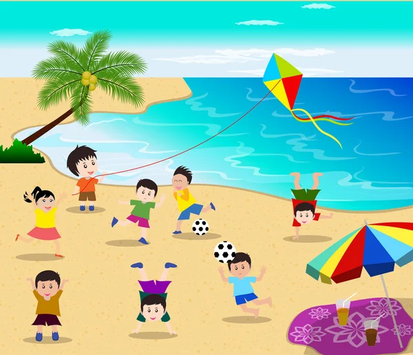 Niños felices divirtiéndose en la playa — Vector de stock