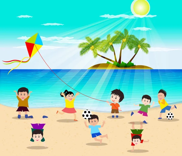 Crianças felizes se divertindo na praia — Vetor de Stock