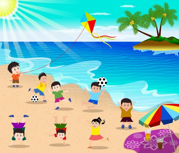 Niños felices divirtiéndose en la playa — Vector de stock