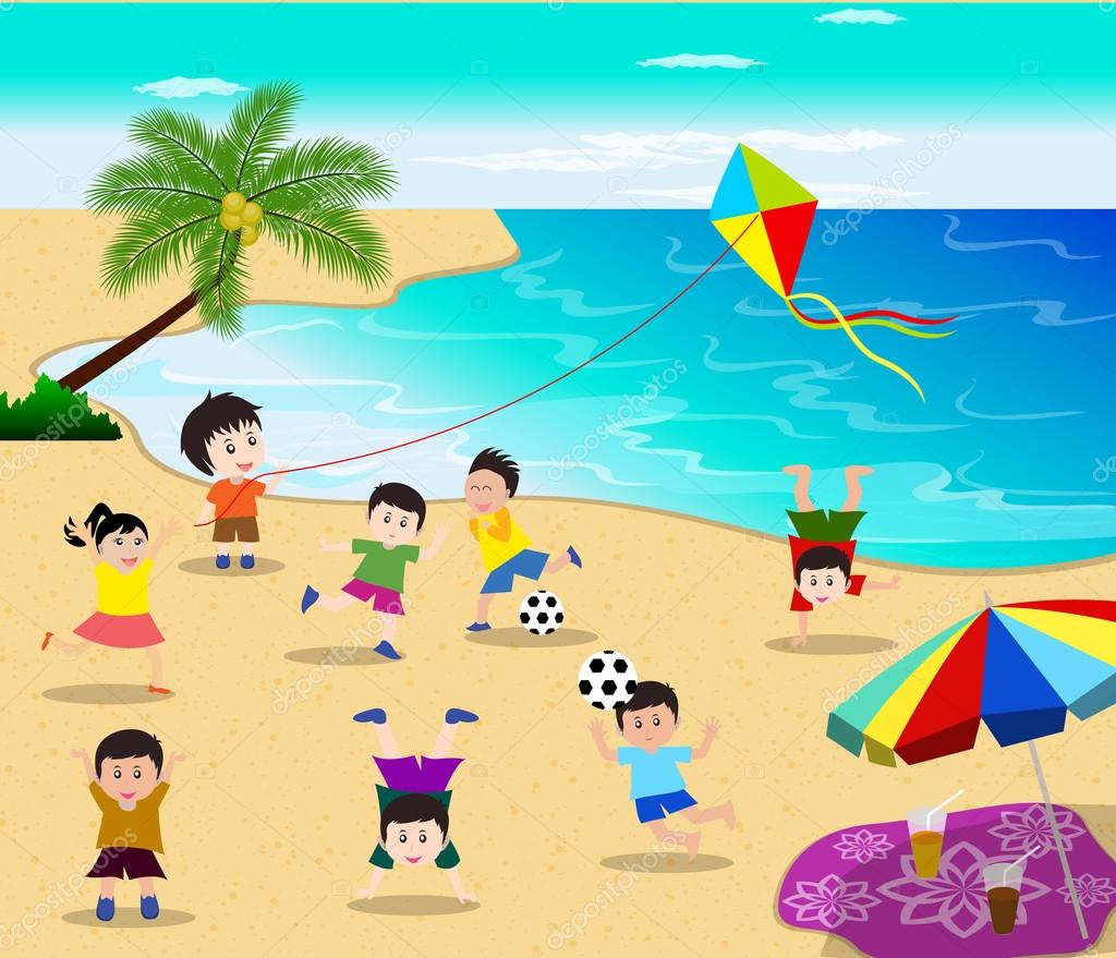 Happy kids having fun on the beach Stock Vector by ©tieulong 68055615