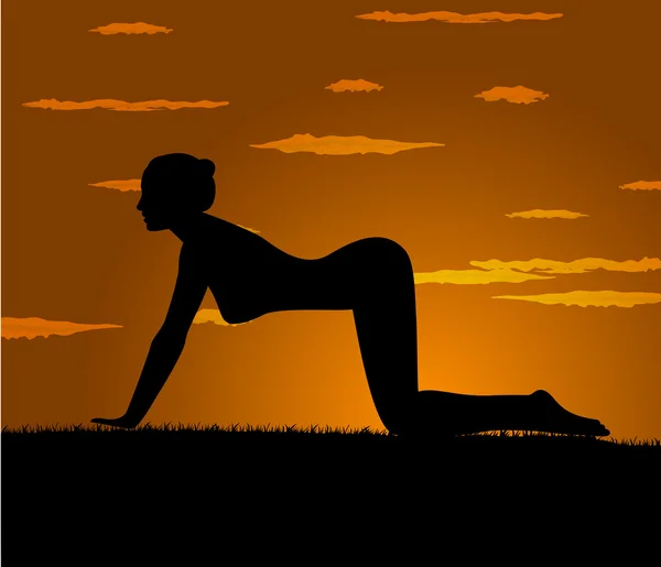 Gadis membuat latihan yoga pada saat senja - Stok Vektor