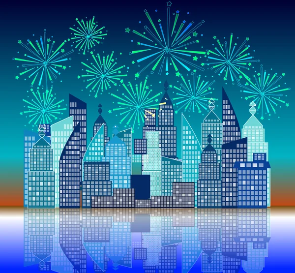 New year fireworks above the city — Stock Vector