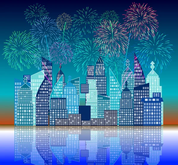 New year fireworks above the city — Stock Vector