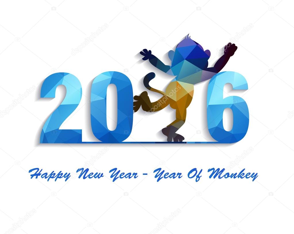 Happy New Year 2016 greeting card stylized triangle polygonal model.  Year of monkey