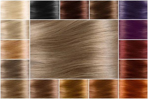 Color chart for tints. Hair color palette with a wide range of swatches. Dyed hair color samples arranged on a card in neat rows. Tints. Colour set. Hair texture in diferent colours.