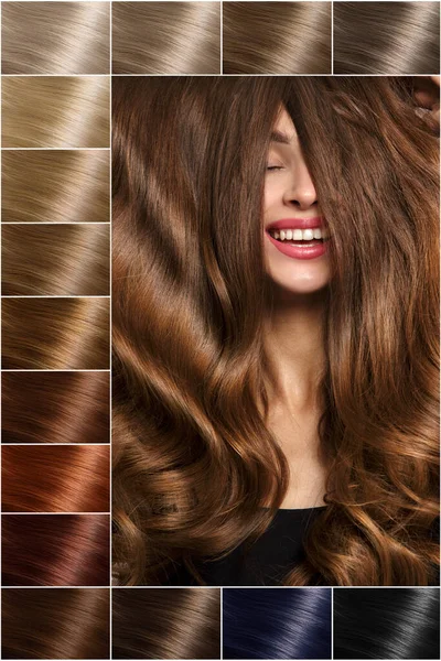 Hair palette of various shades of hair coloring. Nearby is a portrait of a smiling girl with large curls