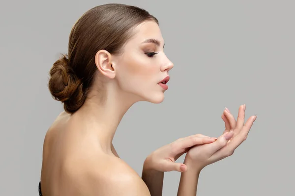 Woman Takes Care Her Hands Showing Them Beautiful Girl Clean — Stock Photo, Image