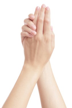 Beyaz arka planda izole edilmiş güzel kadın elleri. Spa bakım konsepti