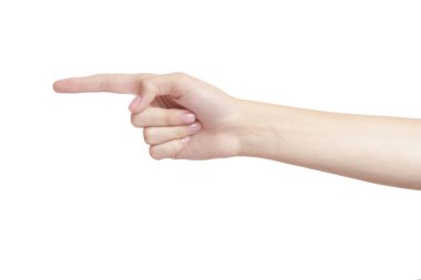 Beyaz arka plan işaret parmağı üzerinde güzel bir kadın eli. izole et