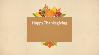 Mutlu Şükran Günü Typographic Animasyon Tasarım Şablonu. Asılan akçaağaç yaprakları ve balkabağı ile arka plan. Mutlu Şükran Günü bayrağı