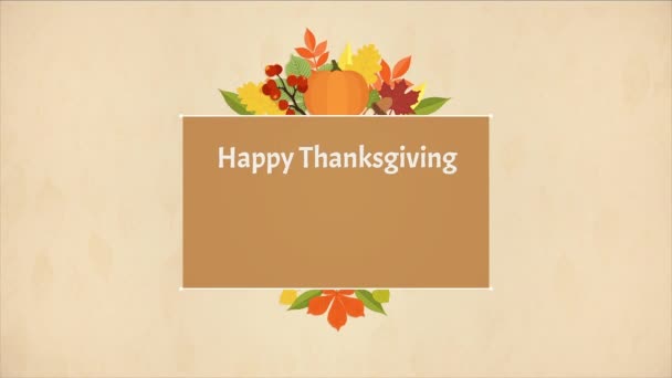 Happy Thanksgiving Day Typographic Animated Design template. Pozadí s visícími javorovými listy a dýní. Šťastný nápis - Díkůvzdání — Stock video