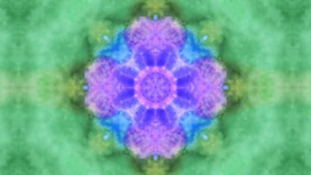 Motifs de fumée verts et bleus, ornement symétrique fractal avec mouvement de flux — Video