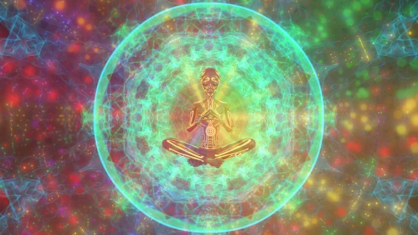 Uzaylı, renkli bir psikedelik arka planda meditasyon yapıyor.