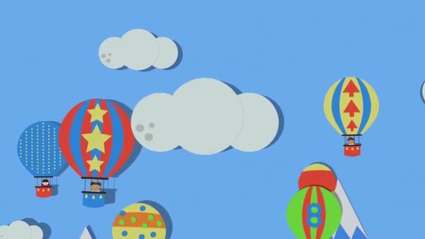 Balões de ar quente coloridos brilhantes voando no céu azul atrás do sol - animação — Vídeo de Stock