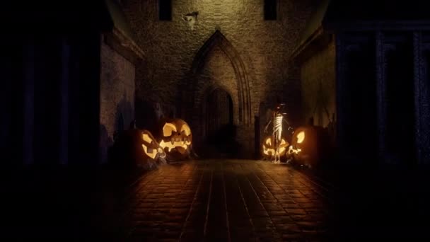 3d castello dell'orrore con oggetti di scena horror volare attraverso l'animazione — Video Stock