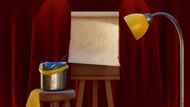 Paint brush painting blue color on a canvas in an art studio — Vídeo de stock