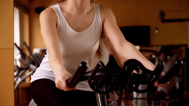 Mulher está se exercitando no treinador de bicicleta de giro. Exercício de bicicleta fitness. Conceito de ciclismo interno. — Vídeo de Stock