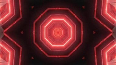 Kamera, neon ışık çizgileri olan fütürist bir tünelde uçuyor.