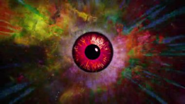 Dinamik psikedelik görselleri olan ayrıntılı iris. Soyut göz konseptiyle hareketli grafikler videosu. Yaratıcı tasarım projeleri için renkli dijital animasyon. Kusursuz döngü
