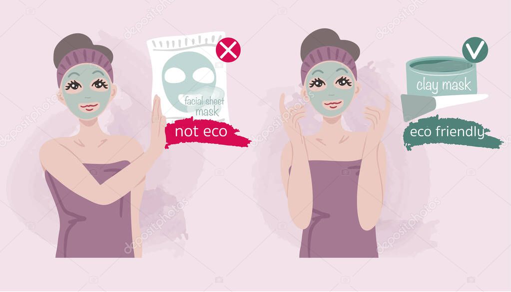 Girl reject facial sheet masks because of eco harm to the environment. She chooses clay mask. Facial sheet masks not eco friendly. Save planet. Ecological concept.