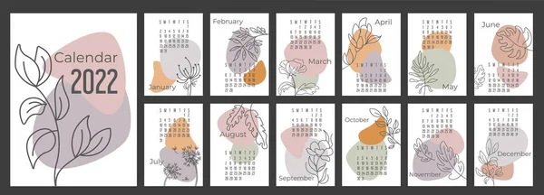 Calendar Planner 2022 Trendy Abstract Figures Hand Drawn Botanic Flowers — Stock Vector