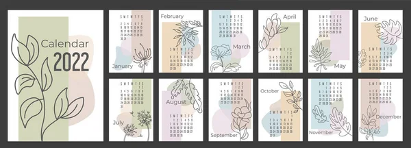 Календарь Планировщик 2022 Модные Абстрактные Фигуры Нарисованными Вручную Ботаническими Цветами — стоковый вектор