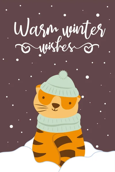 Netter Vektortiger Winter Grußkarte Mit Slogan Warme Winterwünsche Schneefall Symbol — Stockvektor
