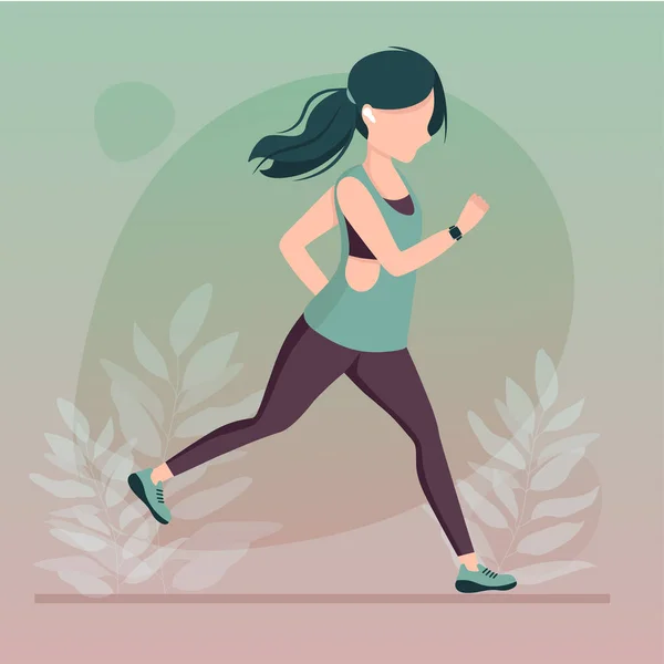 Joven hermosa chica corriendo al aire libre en ropa deportiva con auriculares y trecker fitness. Estilo de vida deportivo. Entrenamiento de verano en parque. Vector plano de moda ilustración. — Archivo Imágenes Vectoriales