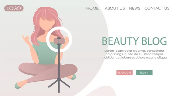 Vektor Landing Page Template Web Untuk Blogging Dan Vlogging Gadis - Stok Vektor